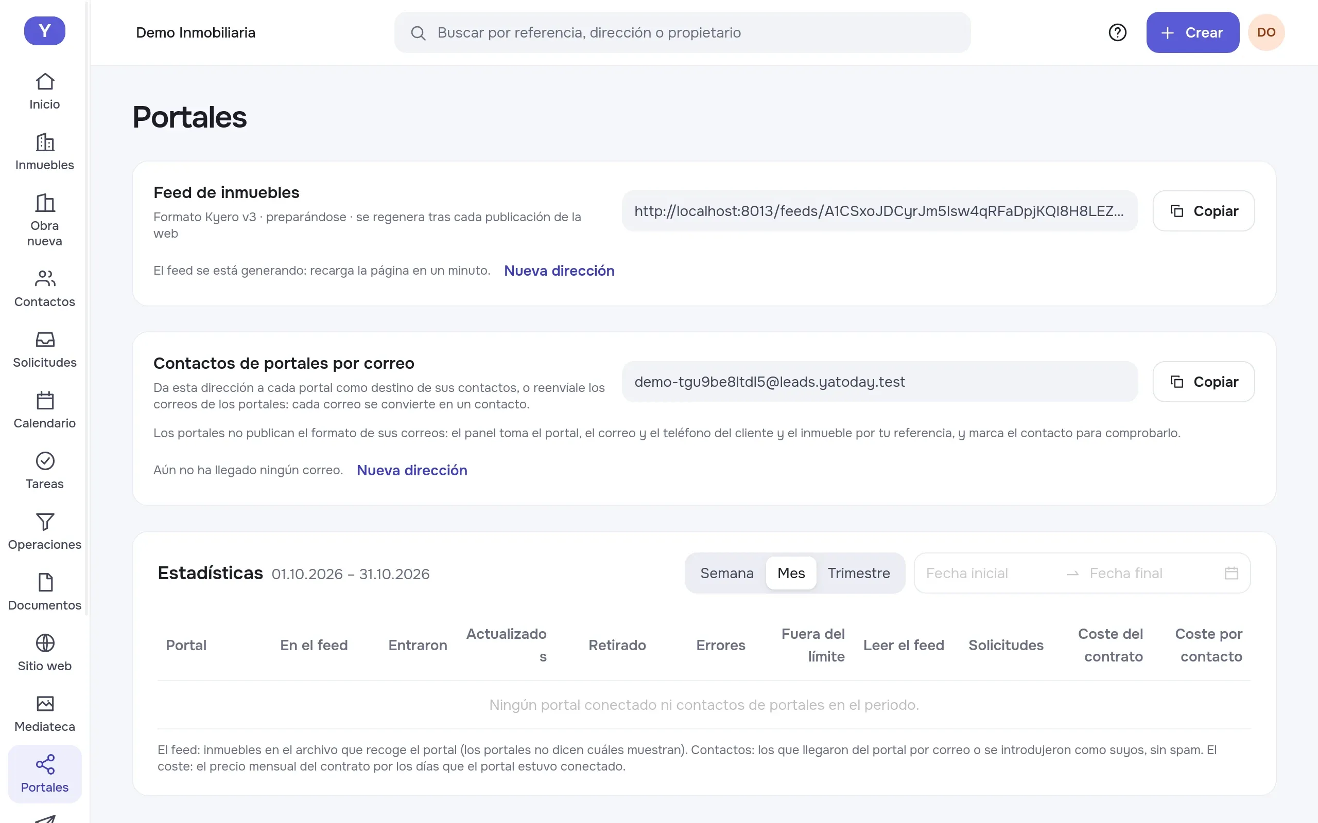 Portales: feed de inmuebles y dirección de correo para los contactos de portales