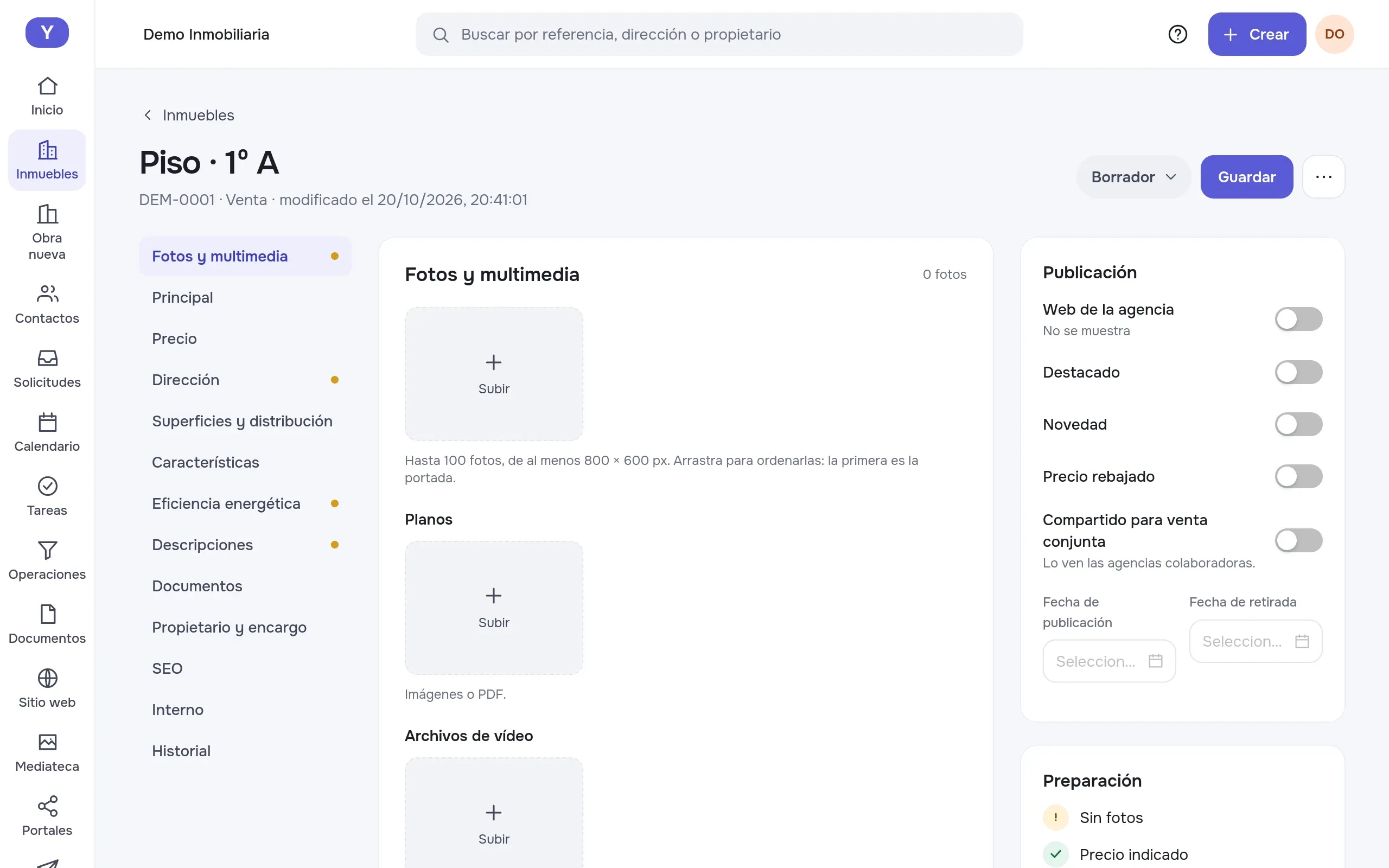 Ficha de un inmueble en el panel, con la lista de lo que falta para publicarlo