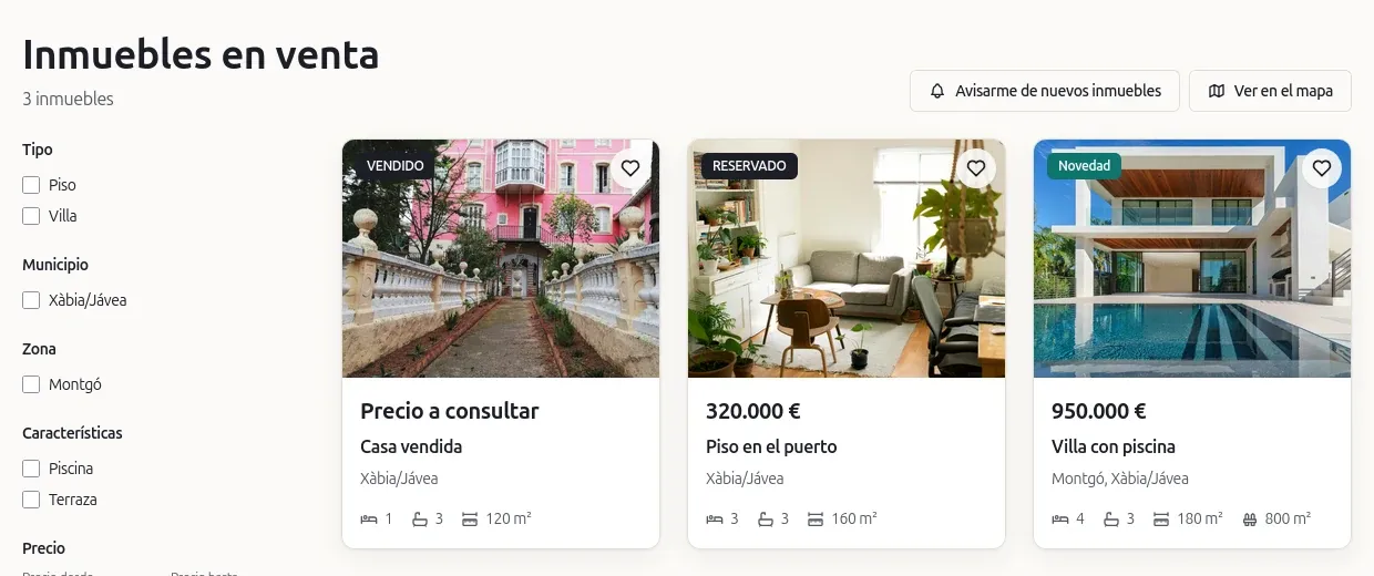Catálogo de inmuebles en venta de la web de una agencia, con filtros